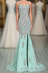 High Quality Mermaid Rhinestones Long Sexy Sweetheart Front Split Mint Chiffon Trumpet 2024 Evening Prom Dresses